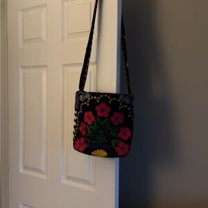 Uzbek Handmade Embroidered Floral Crossbody Bag - Black with Pink Flowers